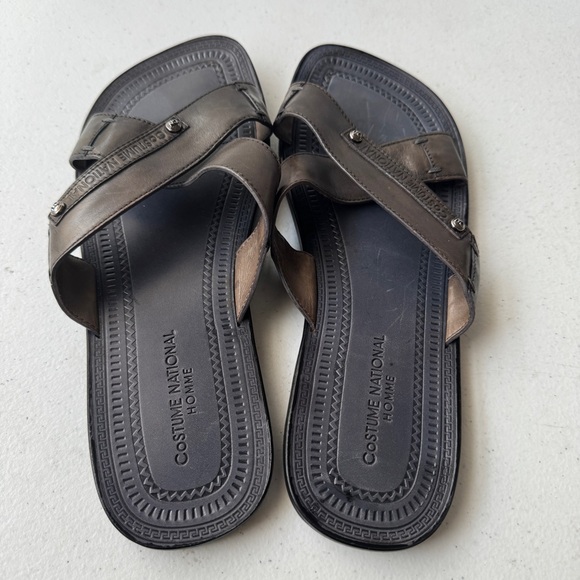 Costume National Homme Leather Mens Sandals Size 7 Olive Flats Made in Italy